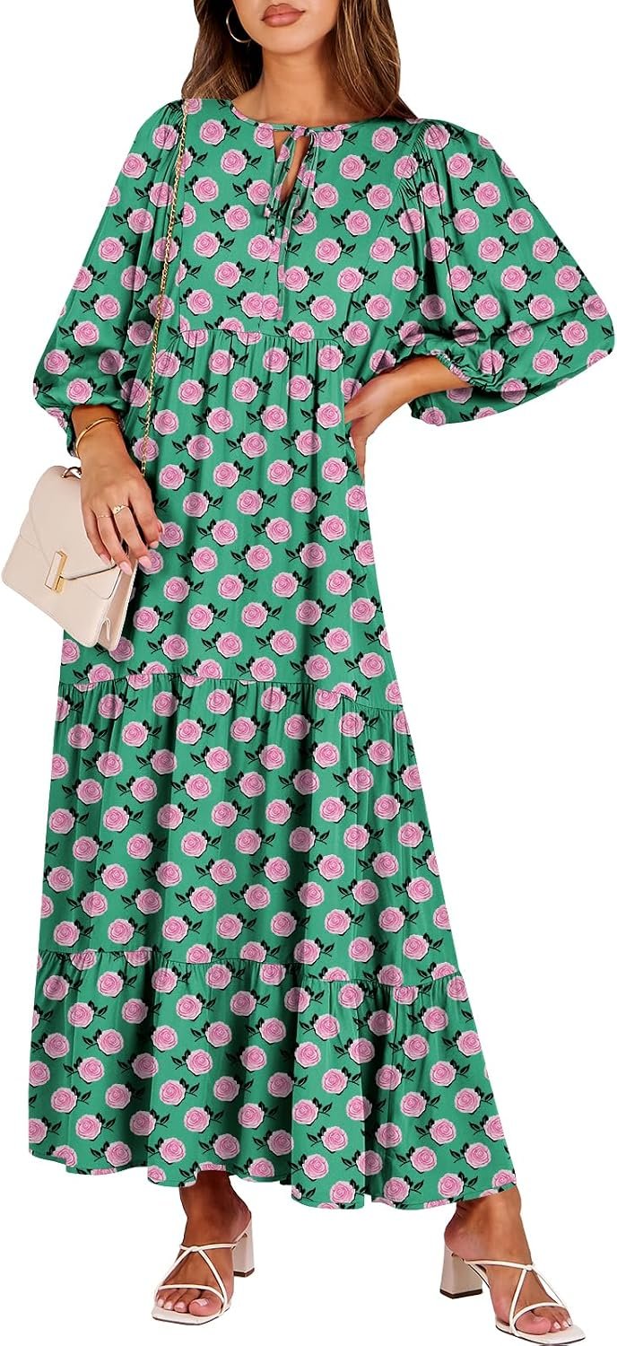 ANRABESS Womens Boho Floral 3/4 Puff Sleeve Maxi Dress Review hi